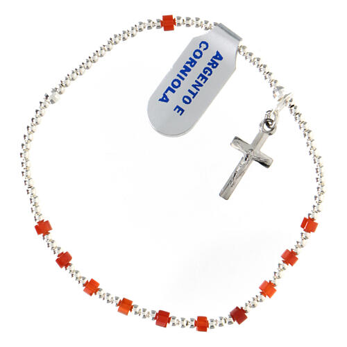 Single decade rosary bracelet with 925 silver crucifix and 0.08x0.12 in carnelian beads 1