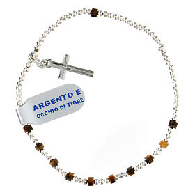 Bracciale decina 2x3 mm con croce occhio di tigre e argento 925