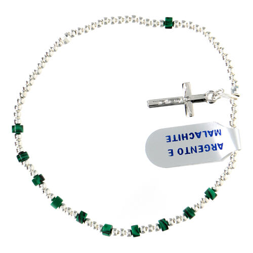 Decade rosary bracelet with cross 2x3 mm 925 silver and malachite 1