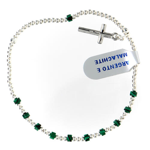 Decade rosary bracelet with cross 2x3 mm 925 silver and malachite 2