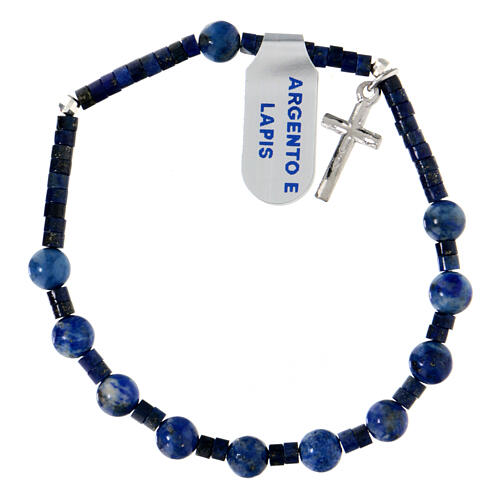 Decade rosary bracelet 6 mm lapis lazuli and 925 silver with cross pendant 1