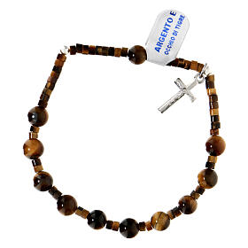 Bracciale decina 6 mm occhio di tigre e argento 925 croce pendente
