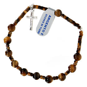 Bracciale decina 6 mm occhio di tigre e argento 925 croce pendente