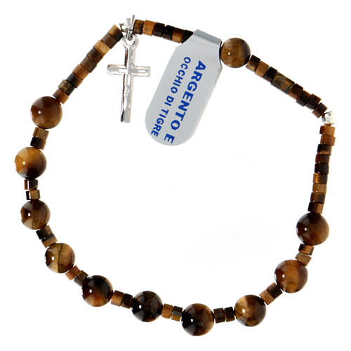 One-decade bracelet 6 mm tiger's eye and 925 silver cross pendant 2