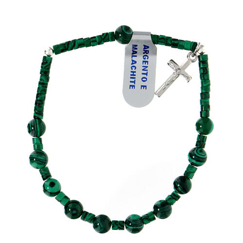 Decade rosary bracelet Malachite and 925 silver pendant cross 6 mm 1