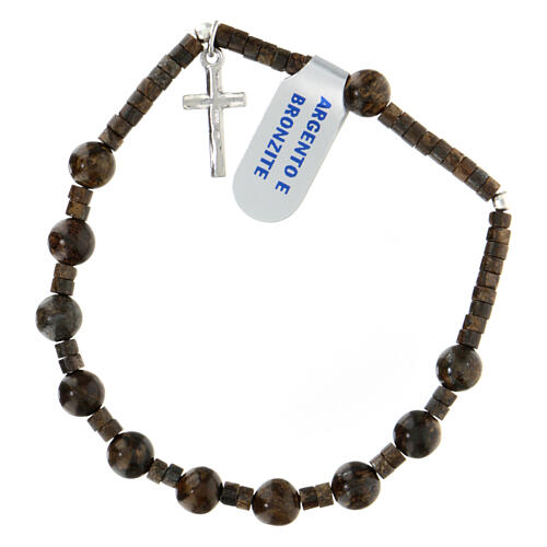 Single decade rosary bracelet with cross pendant and 0.2 in bronzite beads, 925 silver 1