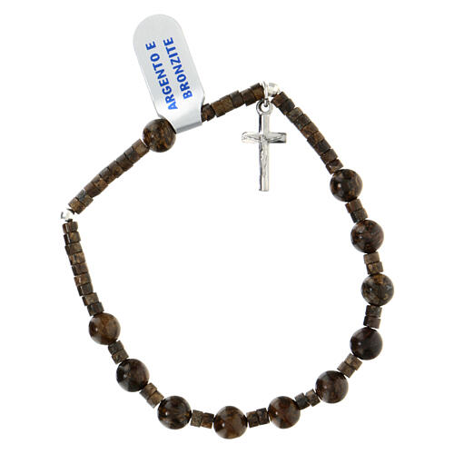 Single decade rosary bracelet with cross pendant and 0.2 in bronzite beads, 925 silver 2