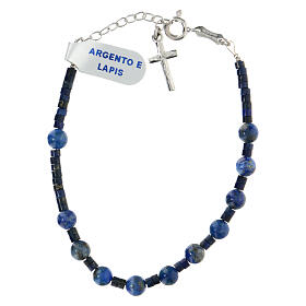 Single decade rosary bracelet with cross pendant and 0.2 in lapis lazuli beads, 925 silver