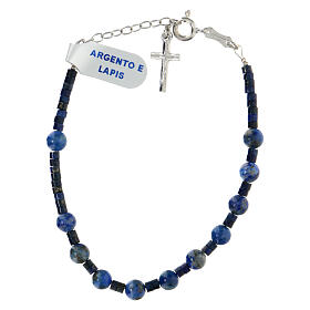 Single decade rosary bracelet with cross pendant and 0.2 in lapis lazuli beads, 925 silver