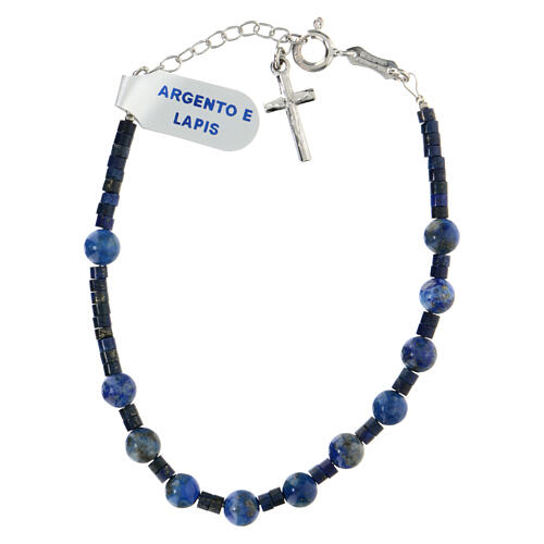 Single decade rosary bracelet with cross pendant and 0.2 in lapis lazuli beads, 925 silver 1