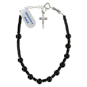 Single decade rosary bracelet with cross pendant and 0.2 in onyx beads, 925 silver