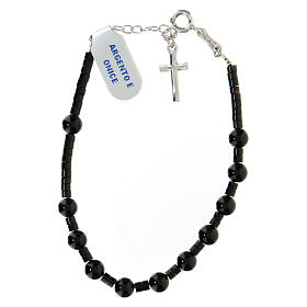 Single decade rosary bracelet with cross pendant and 0.2 in onyx beads, 925 silver