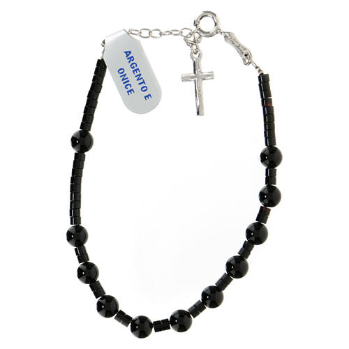 Single decade rosary bracelet with cross pendant and 0.2 in onyx beads, 925 silver 2