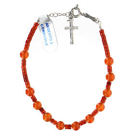 Single decade rosary bracelet with 0.2 in carnelian beads and 925 silver cross pendant