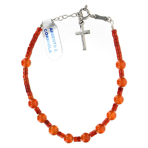 Single decade rosary bracelet with 0.2 in carnelian beads and 925 silver cross pendant 1