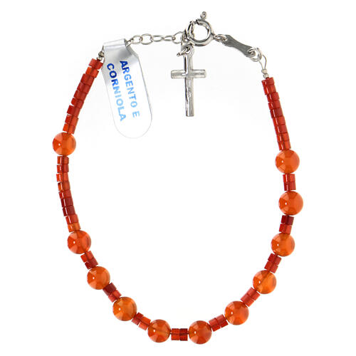 Single decade rosary bracelet with 0.2 in carnelian beads and 925 silver cross pendant 2