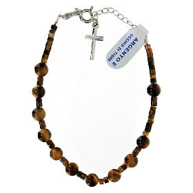 Single decade rosary bracelet with cross pendant and 0.2 in tiger's eye beads, 925 silver