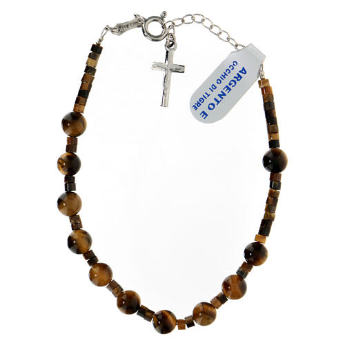 Single decade rosary bracelet with cross pendant and 0.2 in tiger's eye beads, 925 silver 1