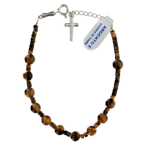 Single decade rosary bracelet with cross pendant and 0.2 in tiger's eye beads, 925 silver 2