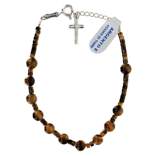 Pulseira dezena cruz pingente prata 925 e 6 mm olho de tigre 2