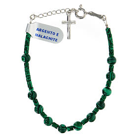 Single decade rosary bracelet with 0.2 in malachite beads and 925 silver cross pendant