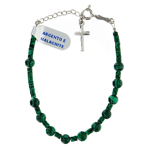 Single decade rosary bracelet with 0.2 in malachite beads and 925 silver cross pendant 1