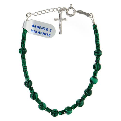 Single decade rosary bracelet with 0.2 in malachite beads and 925 silver cross pendant 2