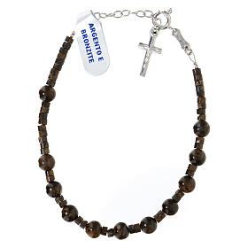 Single decade rosary bracelet with 0.2 in bronzite beads and 925 silver cross pendant