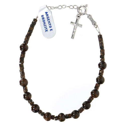 One-decade rosary bracelet 6 mm bronzite and 925 silver cross pendant 2