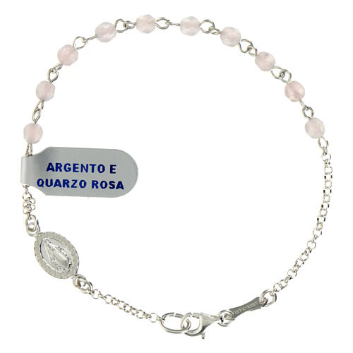 Single decade rosary bracelet with 0.15 in rose quartz beads and 925 silver Miraculous Medal 1