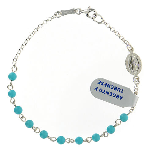 Single decade rosary bracelet with 0.15 in turquoise beads and 925 silver Miraculous Medal 1