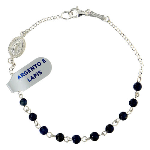 Single decade rosary bracelet with 0.15 in lapis lazuli beads and 925 silver Miraculous Medal 1