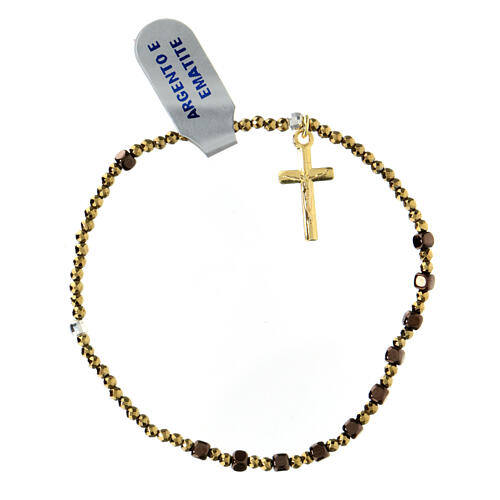 Bransoletka elastyczna 2 mm, hematyt kolor złoty, zawieszka krzyż 2
