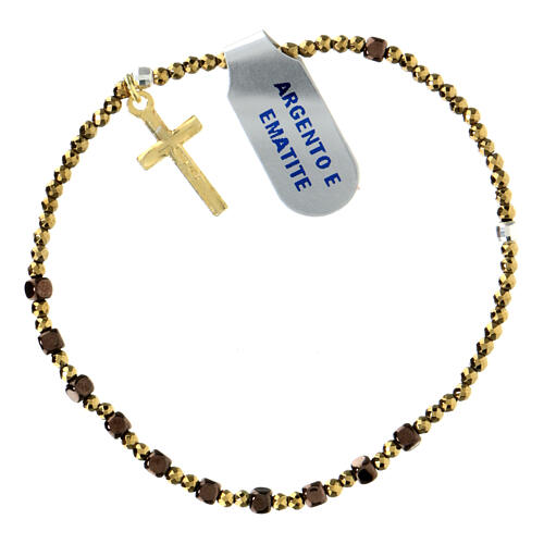 Elastic bracelet 2 mm golden hematite cross pendant 1