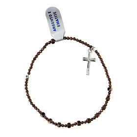 Elastic bracelet with 0.08 in cubic brown hematite beads and cross pendant