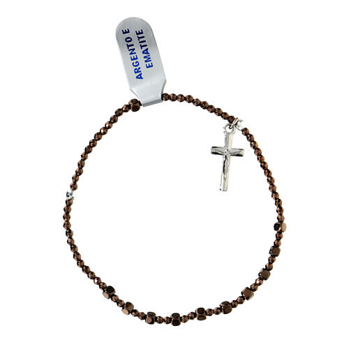 Elastic bracelet with 0.08 in cubic brown hematite beads and cross pendant 2