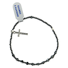 Elastic bracelet with 0.08 in cubic black hematite beads and cross pendant