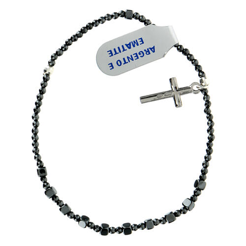 Elastic bracelet with 0.08 in cubic black hematite beads and cross pendant 1
