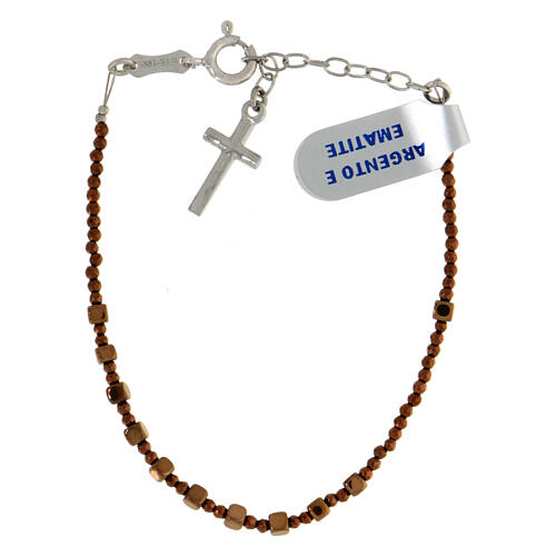 Single decade rosary bracelet with 0.08 in cubic bronze hematite beads and cross pendant 2