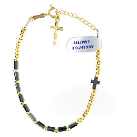 Zehnerarmband 5 mm aus vergoldetem Hämatit und 925er Silber mit Kreuz-Anhänger