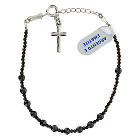 Single decade rosary bracelet with 0.16 in black hematite faceted beads and cross pendant