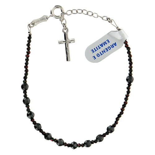 Single decade rosary bracelet with 0.16 in black hematite faceted beads and cross pendant 2