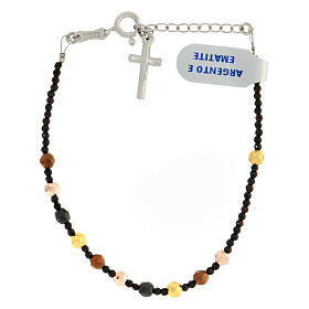 Zehnerarmband aus 925er Silber mit mehrfarbigem Hämatit und 4 mm Kreuz-Anhänger