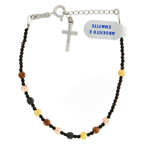 Single decade rosary bracelet with 0.16 in multicoloured hematite faceted beads and cross pendant 1