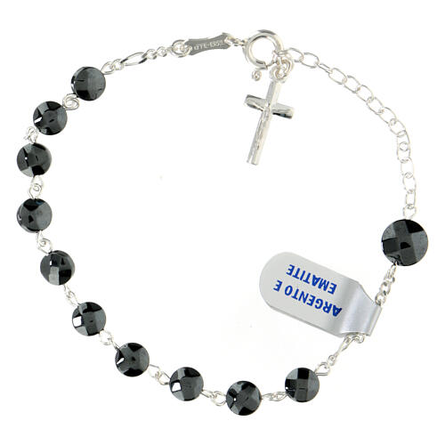 Single decade rosary bracelet with 0.2 in black hematite faceted beads and 925 silver cross 1