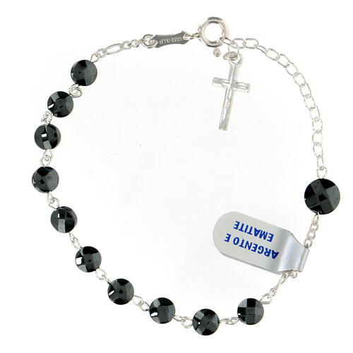 Single decade rosary bracelet with 0.2 in black hematite faceted beads and 925 silver cross 2