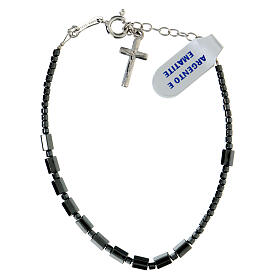 Single decade rosary bracelet with 0.2 in cylindrical hematite beads and cross pendant