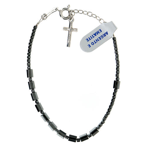 Single decade rosary bracelet with 0.2 in cylindrical hematite beads and cross pendant 2