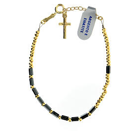 Single decade rosary bracelet with 0.2 in beads, black and golden hematite and gold plated 925 silver