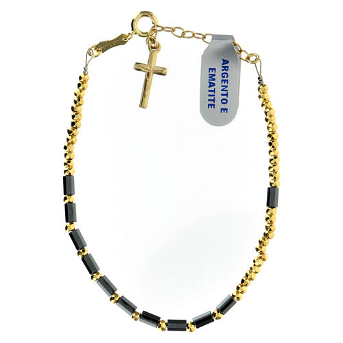 Single decade rosary bracelet with 0.2 in beads, black and golden hematite and gold plated 925 silver 1